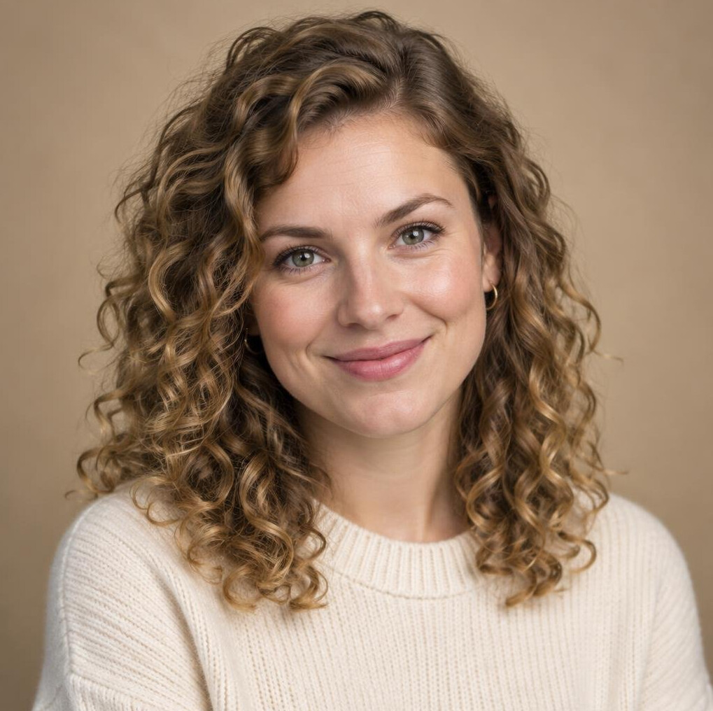 Studio portrait of a young Polish woman with curly hair smiling