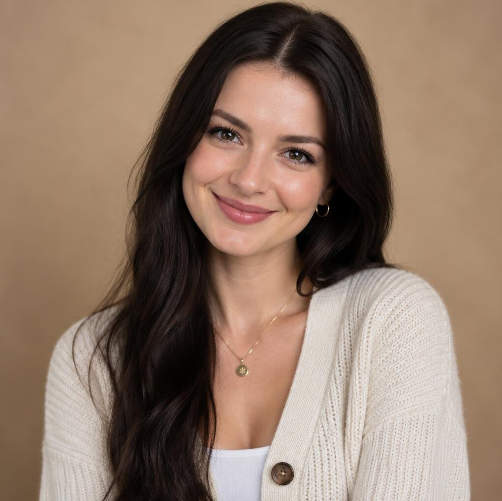 Studio portrait of a smiling young Polish woman with long dark hair
