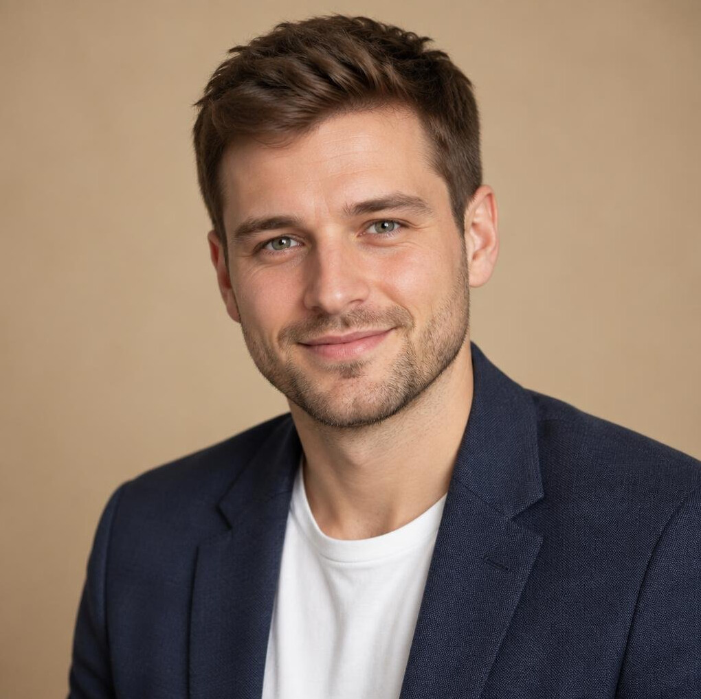 Studio portrait of a young Polish man with short hair smiling
