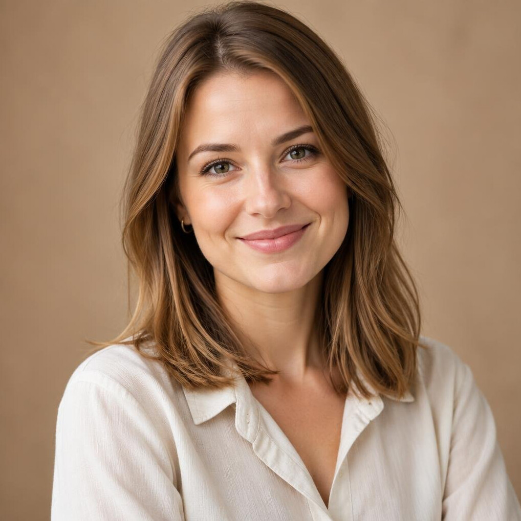 Studio portrait of a smiling Polish woman with shoulder-length hair