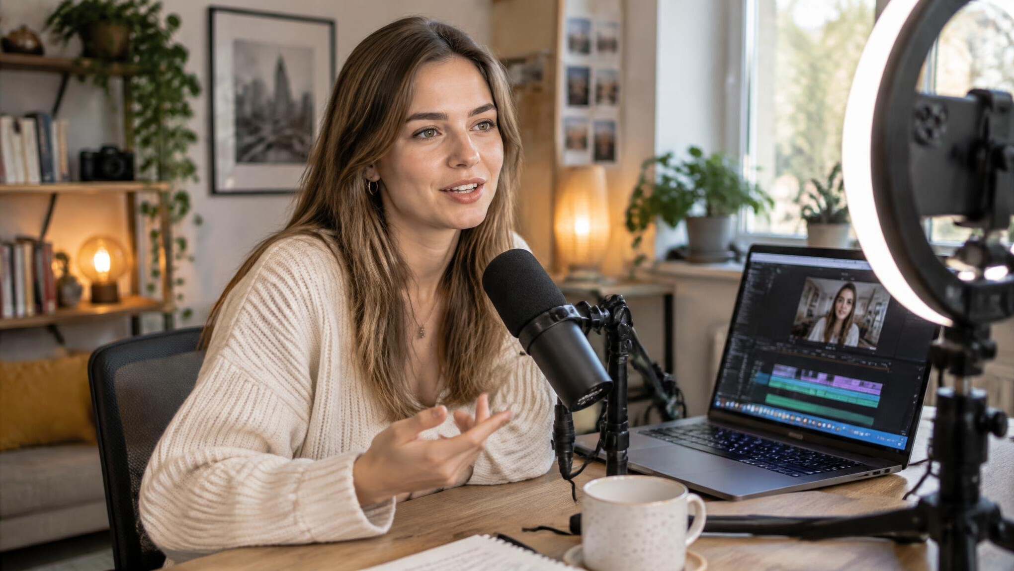 Content creator recording a video podcast with a microphone and camera setup