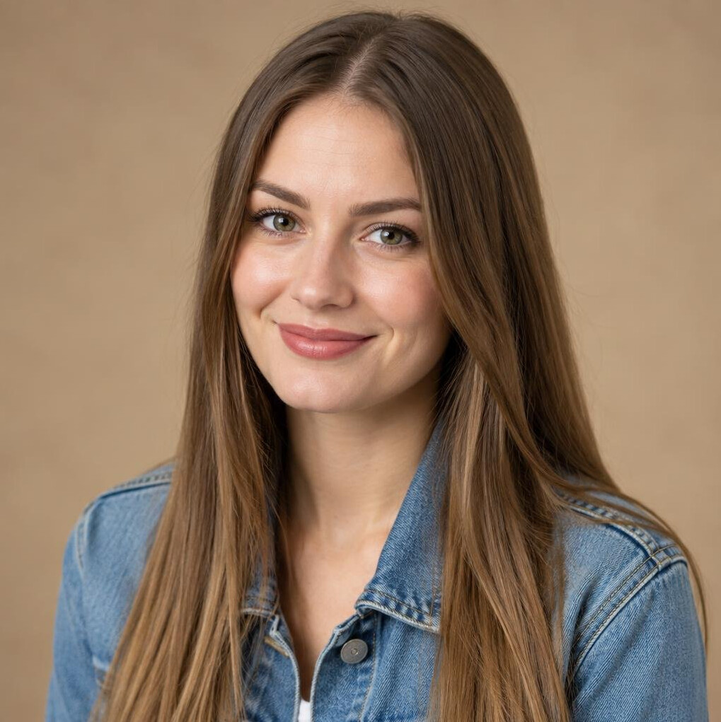 Studio portrait of a young Polish woman with straight hair smiling