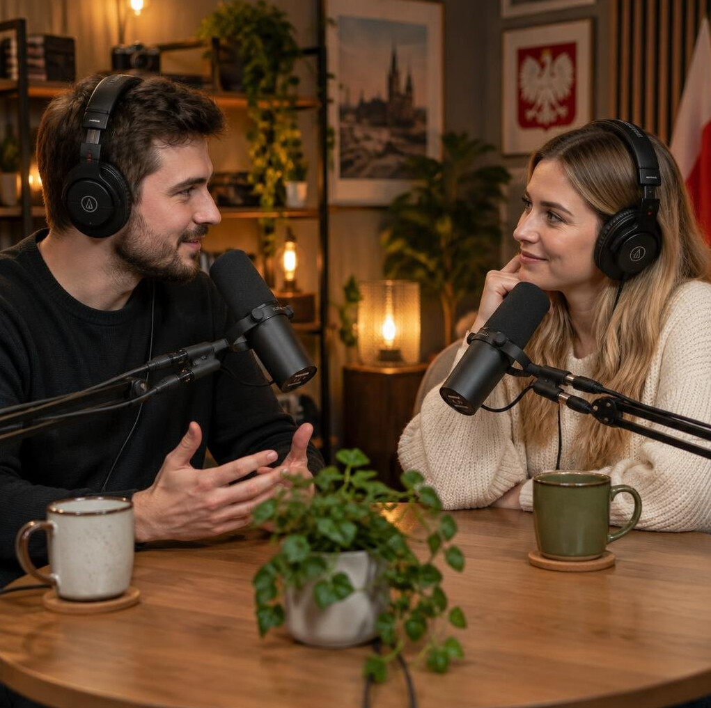 Two people recording a podcast with microphones in a cozy studio