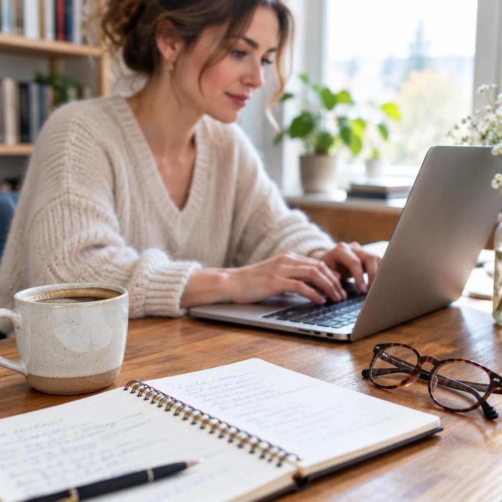 Writer typing on a laptop with notebooks and coffee on the desk