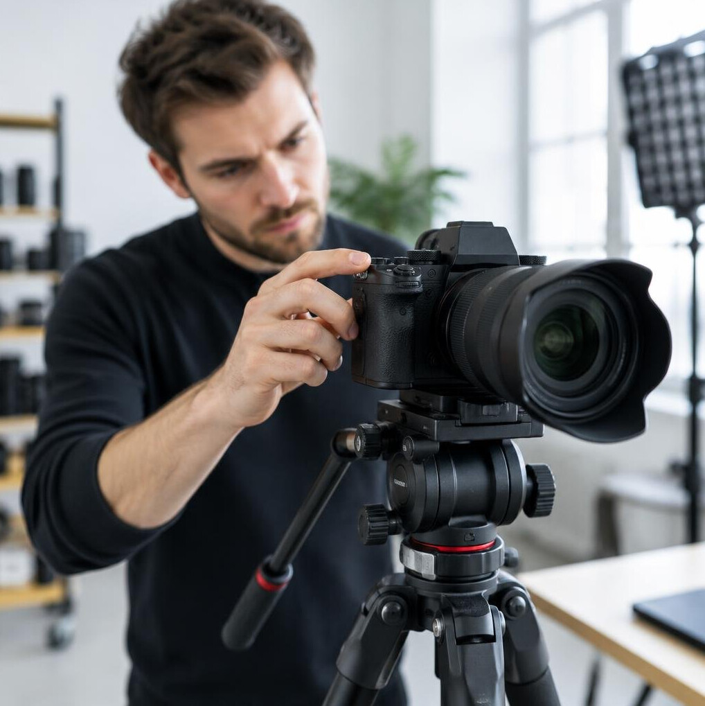 Filmmaker adjusting a camera on a tripod while filming